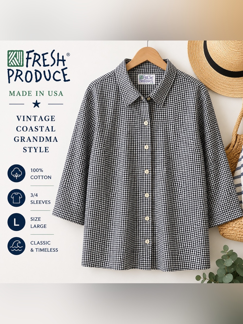 VTG fresh produce Black & Gray Gingham Button-Front Shirt 90S Preppy